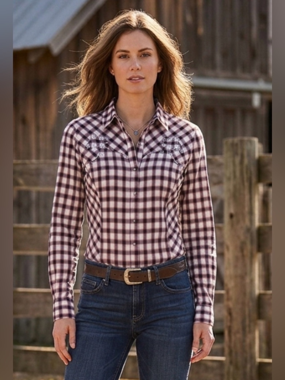 Wrangler Cowgirl Plaid snap button front studded shimmer Western Shirt size M